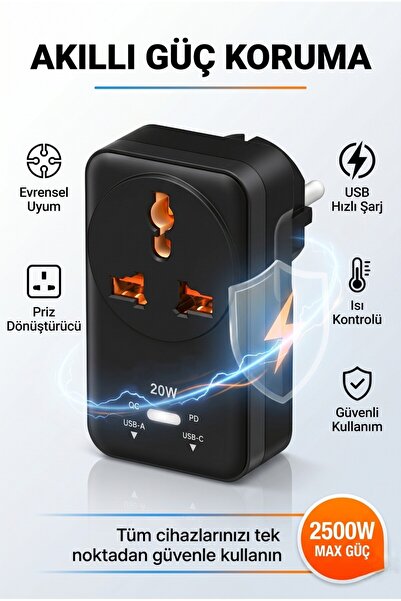 MATECHNO 20WPD Hızlı Şarjlı Akım Korumalı Evrensel Priz Dönüştürücü Siyah USB...