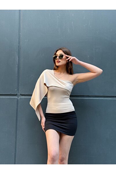 ÇEÇİM Γυναικεία μπλούζα με έναν ώμο και λεπτομέρεια βολάν, κομψή και στυλάτη