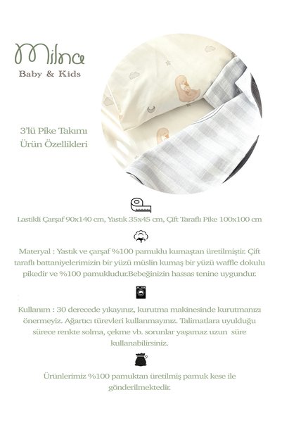 MİLNA BABY&KİDS 3-Piece Pique Set 100% Cotton Muslin Soft Baby Set 90X140Cm Bed Sheet, Pillowcase, Double-Sided Blanket