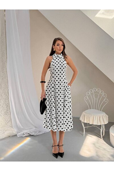GAMZE ALPTEKİN Premium polka dot halter neck midi dress - elegant and functio...