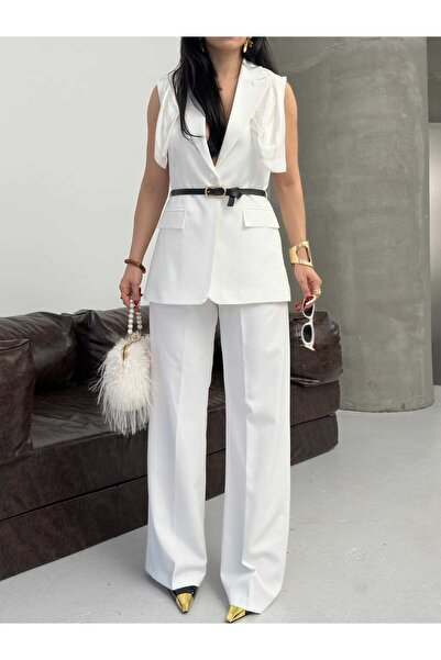 Moda İkra Κομψό σετ γιλέκο-παντελόνι με φουλάρι με σχέδιο στους ώμους και λεπ...