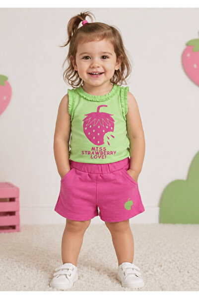 onymino Girl's Top and Bottom Set Printed Tank Top Shorts Green - Pink