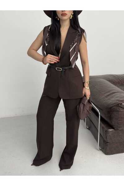 Moda İkra Κομψό σετ γιλέκο-παντελόνι με φουλάρι με σχέδιο στους ώμους και λεπ...