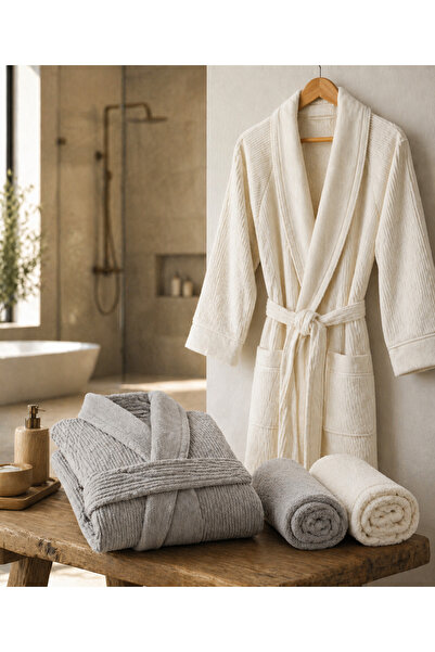 Maisonette Boxed 4-Piece Bathrobe Set 100% Cotton Ecru Bathroom Set Dowry Set Men's Women's Bathrobe + Head Towel Set m / XL
