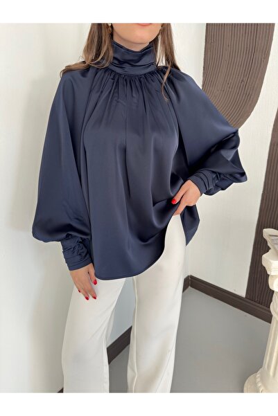 Ekim Store Σατέν Πλισέ Μπλούζα με Μανίκια Νυχτερίδας σε Χαλαρή Γραμμή
