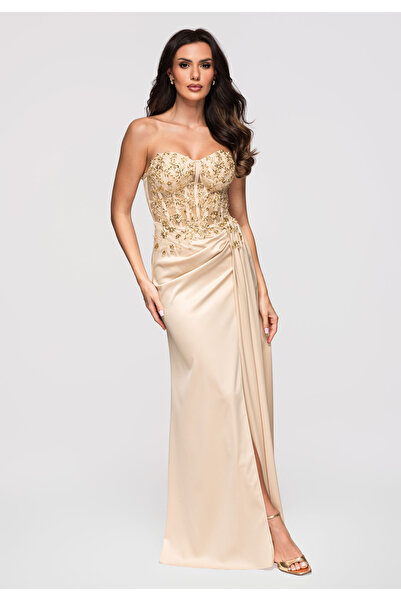 Larica Damen Maxi-Abendkleid tailliert mit Schnürung LA-OM-DLR360 Beige