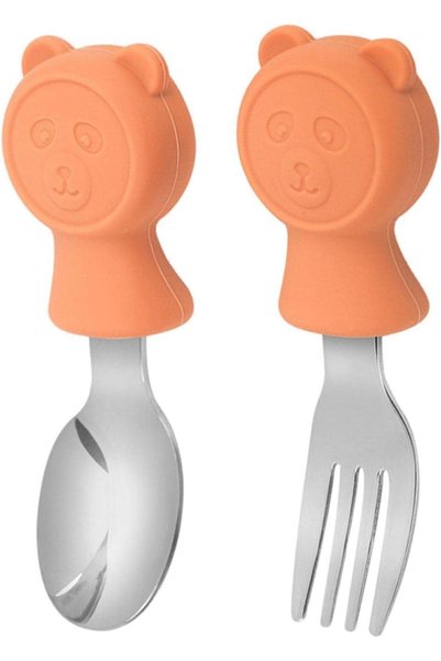 valkyrie 304 Çelik Panda Bebek Kaşık Çatal SetiSilikon Saplı BPA İçermez Ergonomik Kaymaz Turuncu