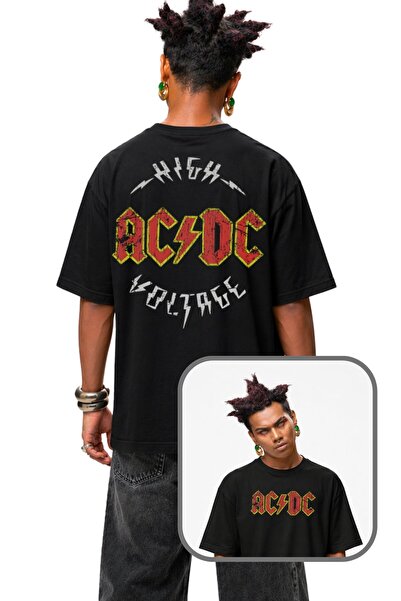 Fuddy Moda Μπλουζάκι Unisex με στάμπα στην πλάτη AC-DC High Voltage, Υπερμεγέ...