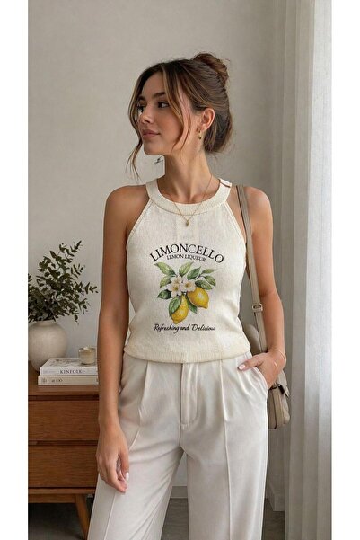 CADDELAMODA Γυναικεία μπλούζα Mercerized χωρίς μανίκια, με στάμπα λεμόνι, αντ...