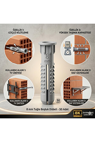 EMİRHANNALBUR made 8 mm Tuğla Boşluk Dübeli - Yüksek Tutuşlu Plastik Dübel 50...