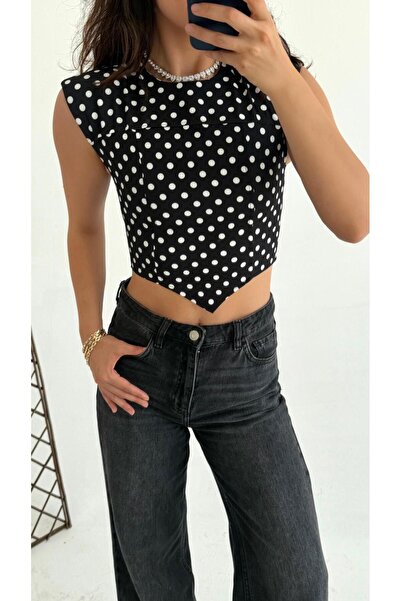 CADDELAMODA Γυναικεία μπλούζα με επένδυση και βολάν, Premium πουά