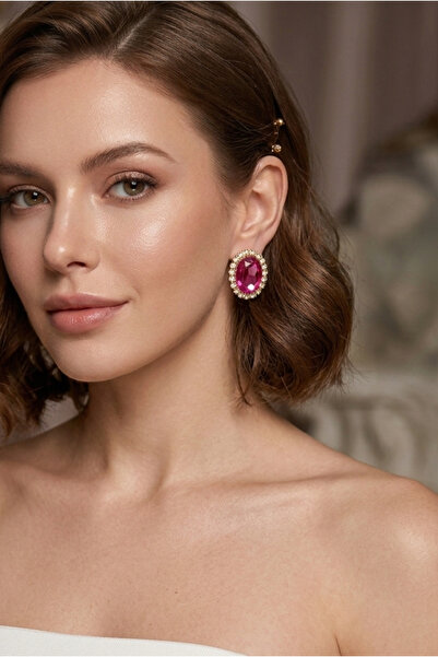 Happyline Fuchsia Stone Oval Earrings Choker Chain Gold Plated Henna Earrings...