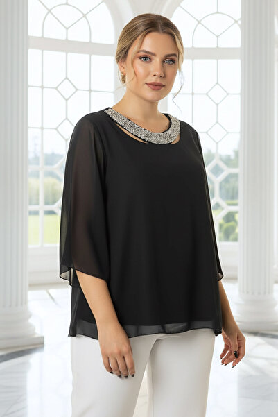 SUBU TASARIM Chiffon Collar Stone Detailed Plus Size Evening Dress Blouse Tbs...