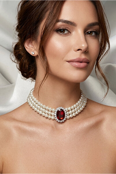 Happyline Oval Bordo Taşlı Cam İncili Choker Kolye, Tasma Kolye, Gümüş Kaplam...