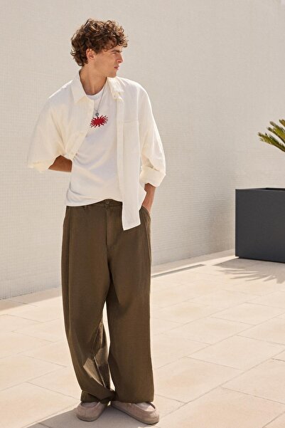 Bershka Ketenli super baggy fit pantolon