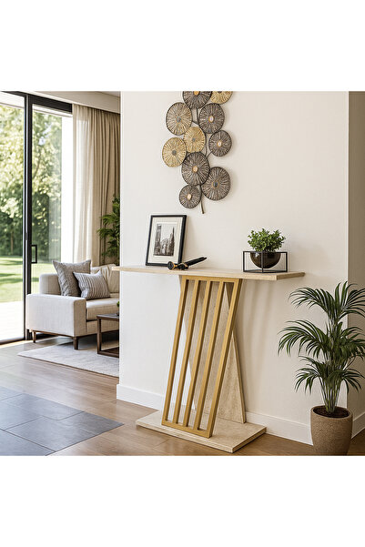 Saule Gravity Traverten Desenli Gold Metal Dresuar - Modern Antre/Hol Konsolu
