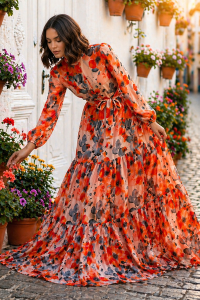 benguen Φόρεμα Τζέσικα με σχέδια, Τεσεττούρ, B598 Πορτοκαλί