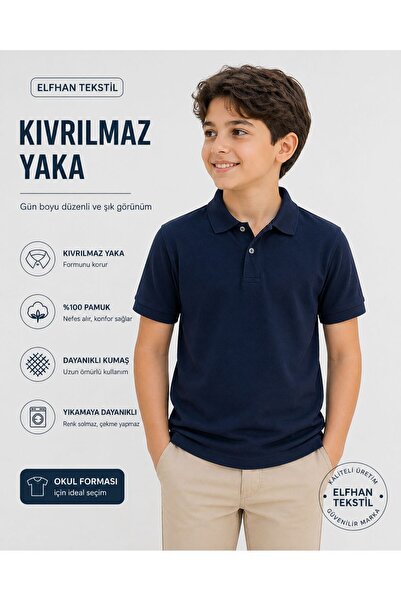 %100 Pamuk Polo Kıvrılmaz Yaka Okul T-Shirt Nefes Alan Kumaş