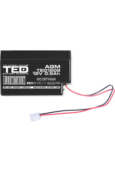 TED Electric Acumulator Stationar AGM VRLA Etans 12V 0,9A cu Fir, Dimensiuni 6mm x 25mm x h62mm