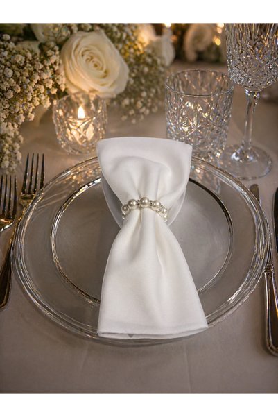 ilmek White 12-Piece Fabric Napkins and Pearl Presentation Ring Special Seamless Jersey Fabric
