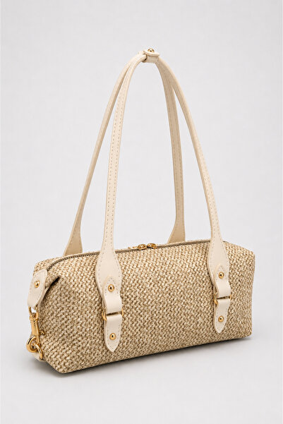 Madamra Κρεμ Ψάθινη γυναικεία τσάντα ώμου, κομψή τσάντα χειρός κυλινδρικού σχ...