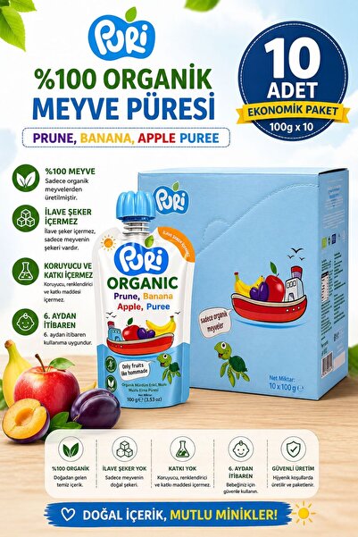 puri Organic Mürdüm Erikli Muzlu Elma Püresi 10’lu Paket 100g x10 %100 Organi...
