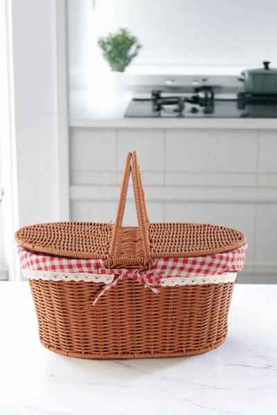 CEZVE HOME Oval Rattan Piknik Sepeti – Kapaklı, Kulplu, Ekoseli Kumaşlı, Şık ...