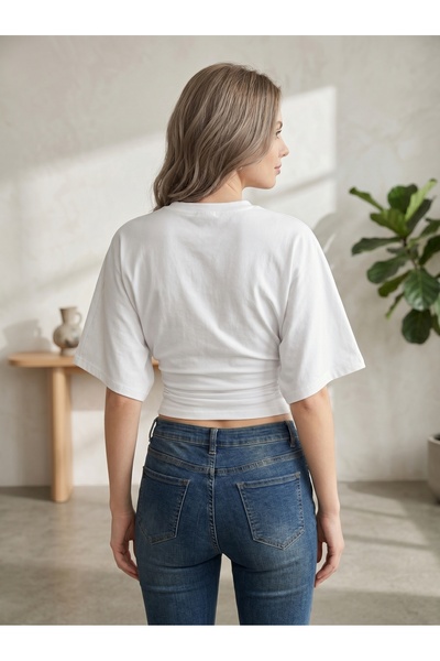 NİCE Kadın Bele Oturan Geniş Kollu Doğal Viskon Likralı Kısa Kol Body Tee Crop