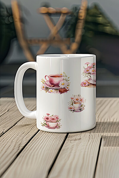 giftkonsept كوب هدايا أبيض مطبوع عليه زهور وردية بالكامل