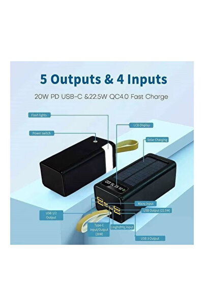pukotech 22,5 Watt Hızlı Şarj 40.000 Mah Solar Powerbank | Güneş Enerjili Taşınabilir Şarj Cihazı | 4 USB Çıkışlı & LED Işıklı