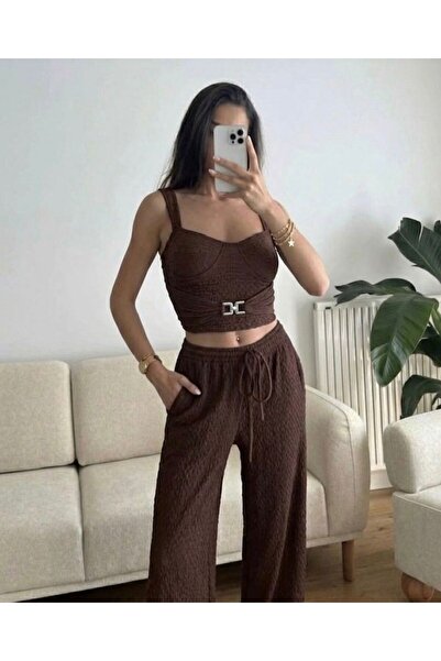 EVOA Women's Brown Buckle Detailed Bustier Crop & Trousers Set