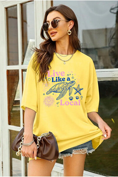 SUNFREE SUMMER MIX Εμπριμέ Oversize Basic κοντομάνικο γυναικείο μπλουζάκι