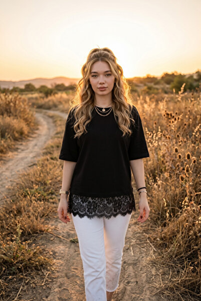 royal prime Γυναικείο βαμβακερό μπλουζάκι με δαντέλα στο τελείωμα της φούστας