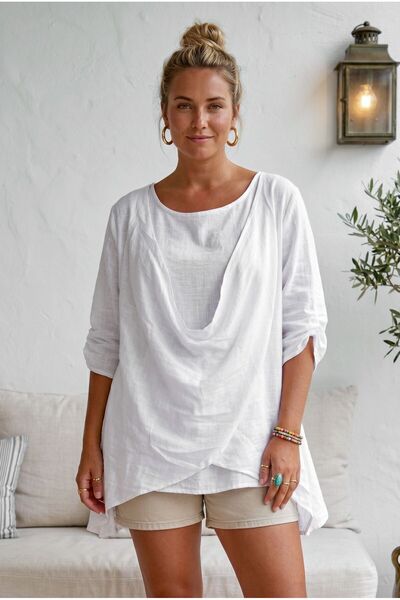 Chiccy Set dublu cu guler rotund alb, mâneci 3/4, bluză lejeră din bumbac țes...