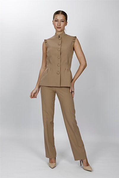 ÖNDER ÖZSOY Haki̇m Collar Pleated Vest Suit 1537505-Stone - 1537505