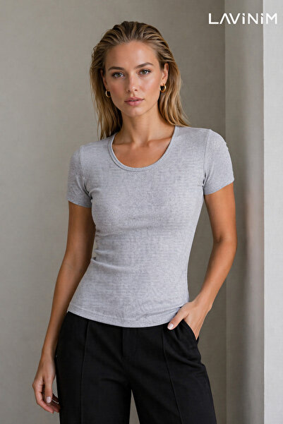 LAVİNİM Γυναικείο μπλουζάκι με λαιμόκοψη U, ριμπ ύφανση, στενή εφαρμογή, βασι...