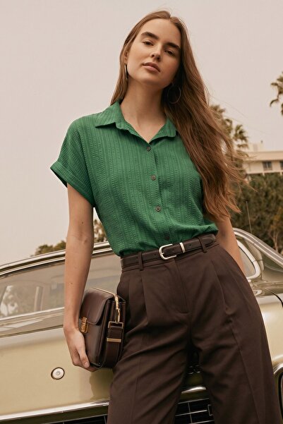 armonika Γυναικείο σκούρο πράσινο κοντομάνικο πουκάμισο ARM-19Y001088
