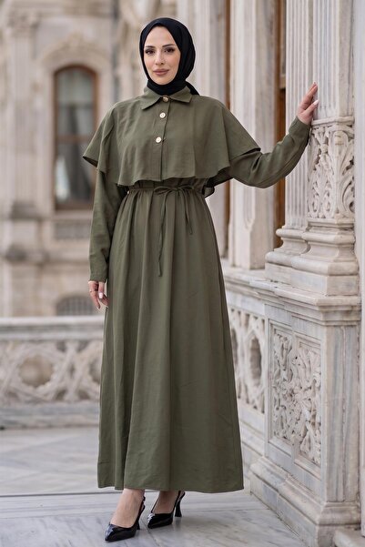 hafsamina Pelerinli Modal Elbise Haki HM2910