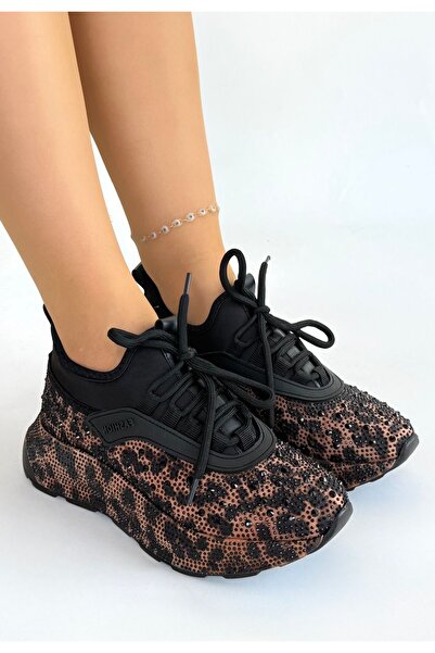 Generic Brand Rimay Brown Leopard Bead Embroidered Sneakers