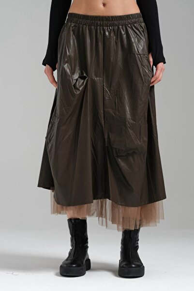 tw3 Γυναικεία δερμάτινη υφασμάτινη φούστα με λεπτομέρεια από τούλι και μακριά...
