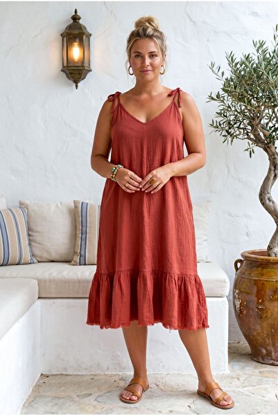 Chiccy Φόρεμα με υφάσματα μουσελίνας σε χρώμα τούβλου με βολάν στο τελείωμα κ...