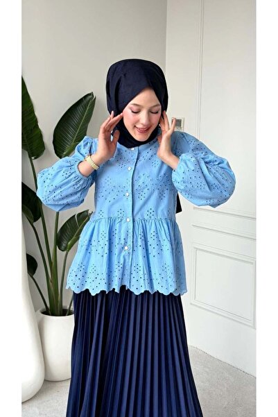 Moda Asrın Brode Dantel Kumaş Mavi Tunik