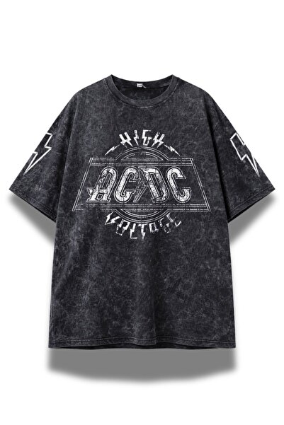 Fuddy Moda Unisex AC-DC High Voltage T-Shirt με στάμπα στο μανίκι, πλενόμενο,...