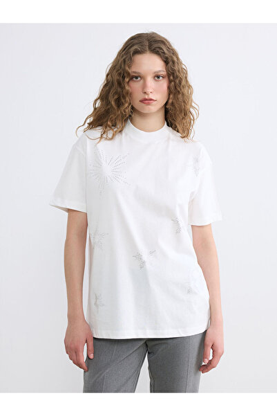 LC Waikiki Lcw Modest White Crew Neck Stoned Women's Tunic