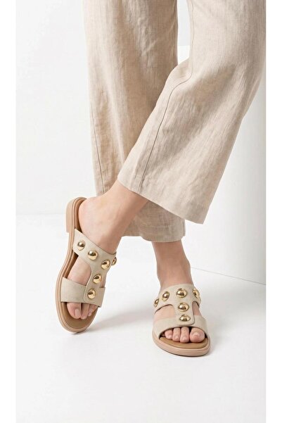 Adım Dünyası Γυναικείες Παντόφλες Χρυσό Κουμπί Σουέντ Πέτρινη Μαλακή Σόλα Πέτ...