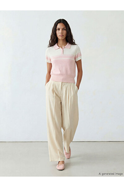 LC Waikiki Beige High Waist Pleated Women's Fabric Trousers
