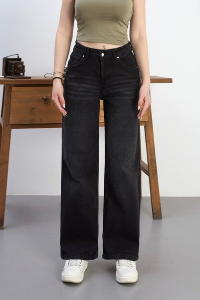 alanora Women's High Waist Faded Effect Wide Leg Palazzo Jeans