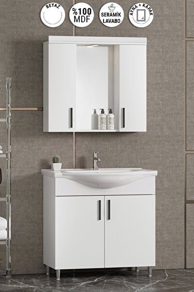 ÖZCEDEN Leylak 80 cm Beyaz MDF Seramik Lavabolu Ayaklı Banyo Dolabı Takımı