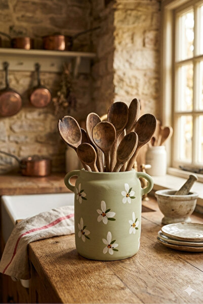 Saule Vintage Su Yeşili Çift Kulplu Papatyalı Kaşıklık & Dekoratif Vazo
