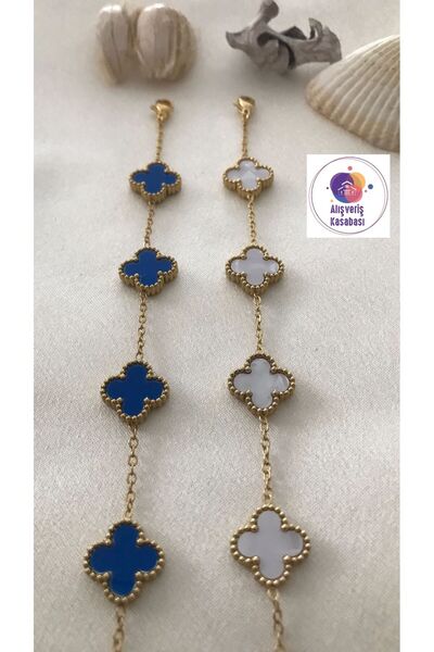 Alışveriş Kasabası 2-Piece Gold Navy Blue & Gold White Steel Zircon Clover Bracelet